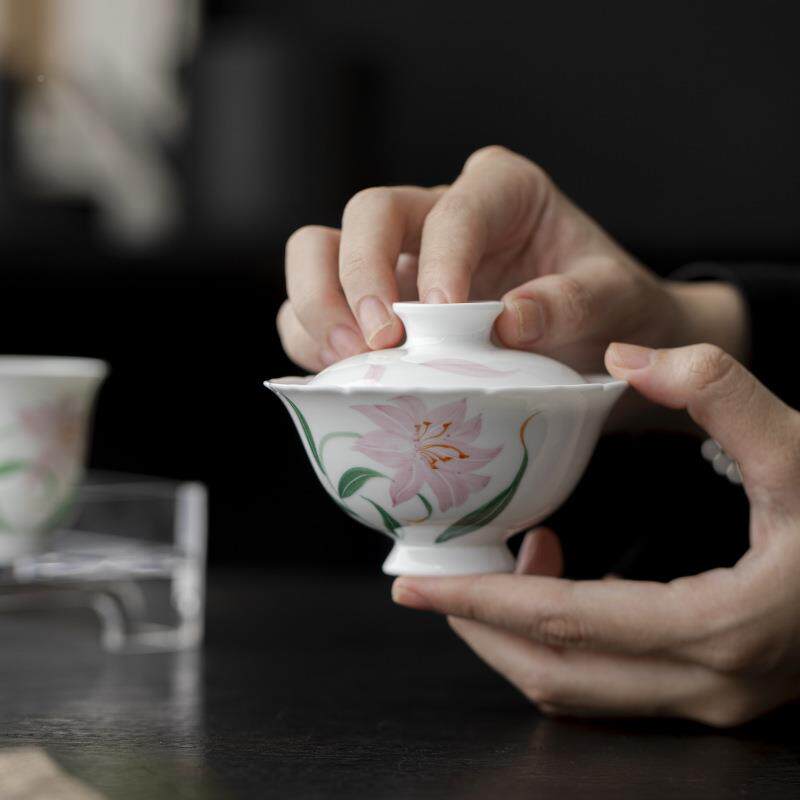 手绘百合SY305203口泡两才盖碗小号茶家用薄胎陶杯瓷花单个功夫茶