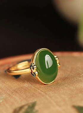 碧玉925银民族风戒指女国风新中式珐琅如M意复古开口食指戒送妈妈