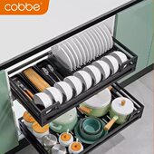 碗架碗碟篮碗柜厨柜碗篮 不锈钢双层抽屉式 黑色厨房橱柜拉篮 家装