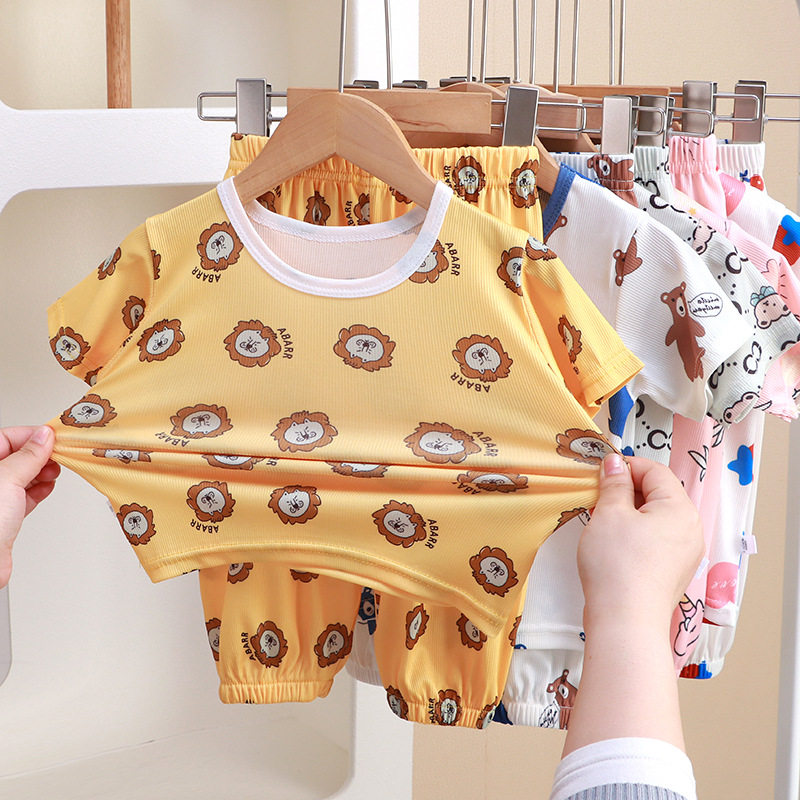 夏季儿童家居服套装男童女童短袖长裤两件套卡通宝宝休闲睡衣冰丝