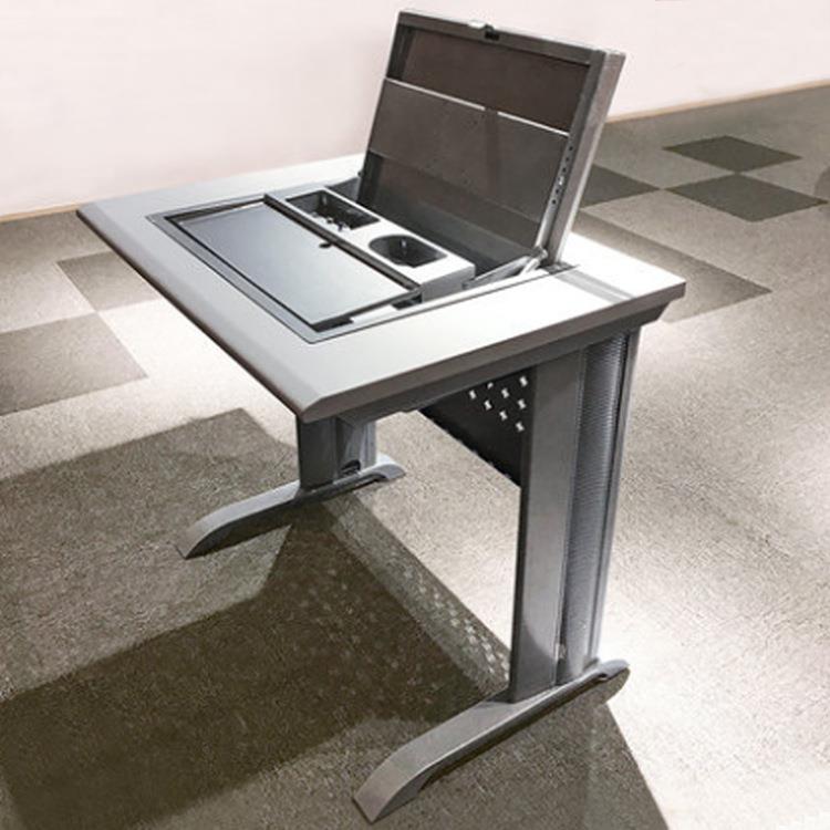 台式钢木翻转电脑桌单双人隐藏显示器翻盖桌微机电教室学生培训桌