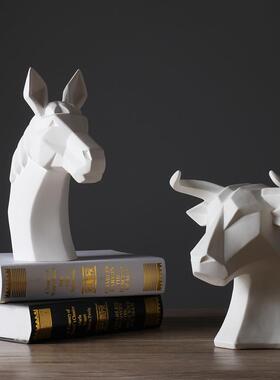 烧素抽象北风动物白色象会头摆件现代简约酒店欧所家IYE居装饰品