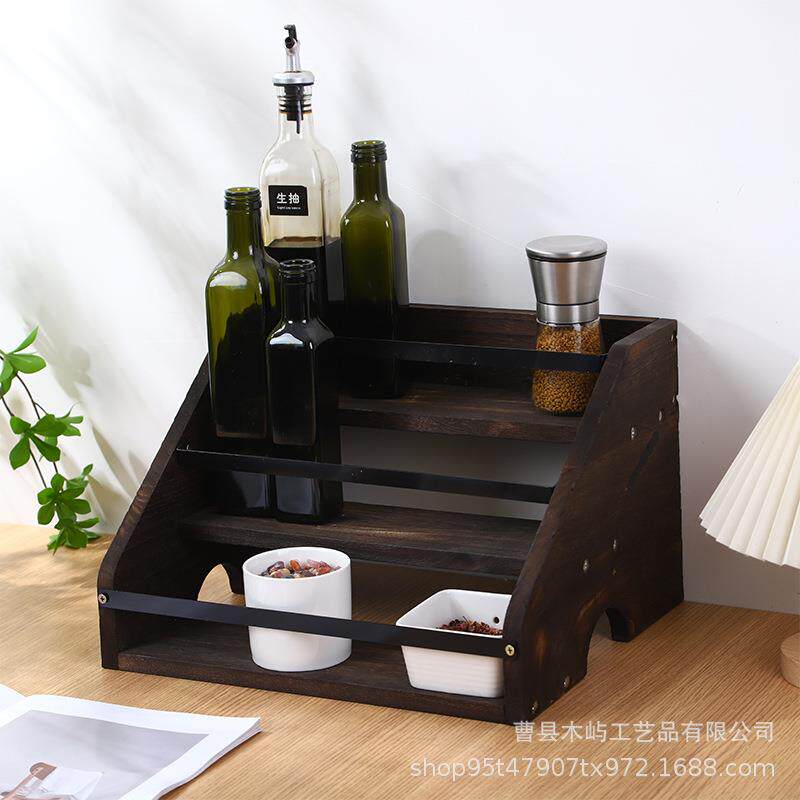 木架厨房料瓶收纳调架木质阶梯式洋酒红置物酒吧架三层酒01酒瓶展