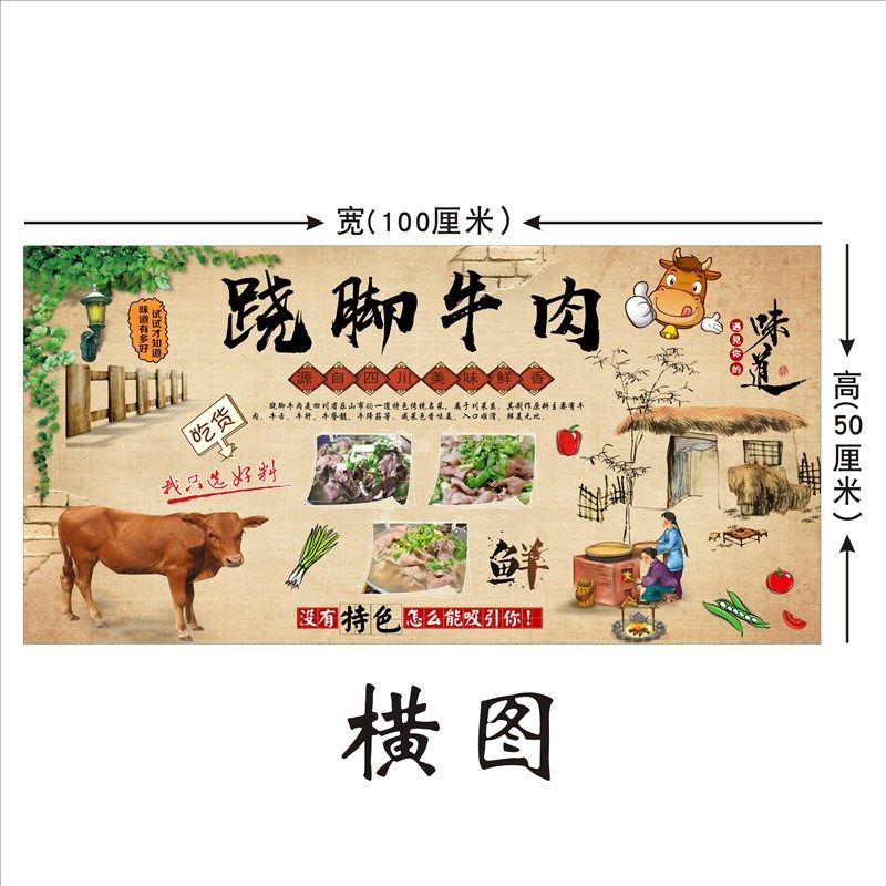 跷脚墙肉装饰画牛面海报贴纸背景墙自粘墙纸火锅饭店贴画餐厅画