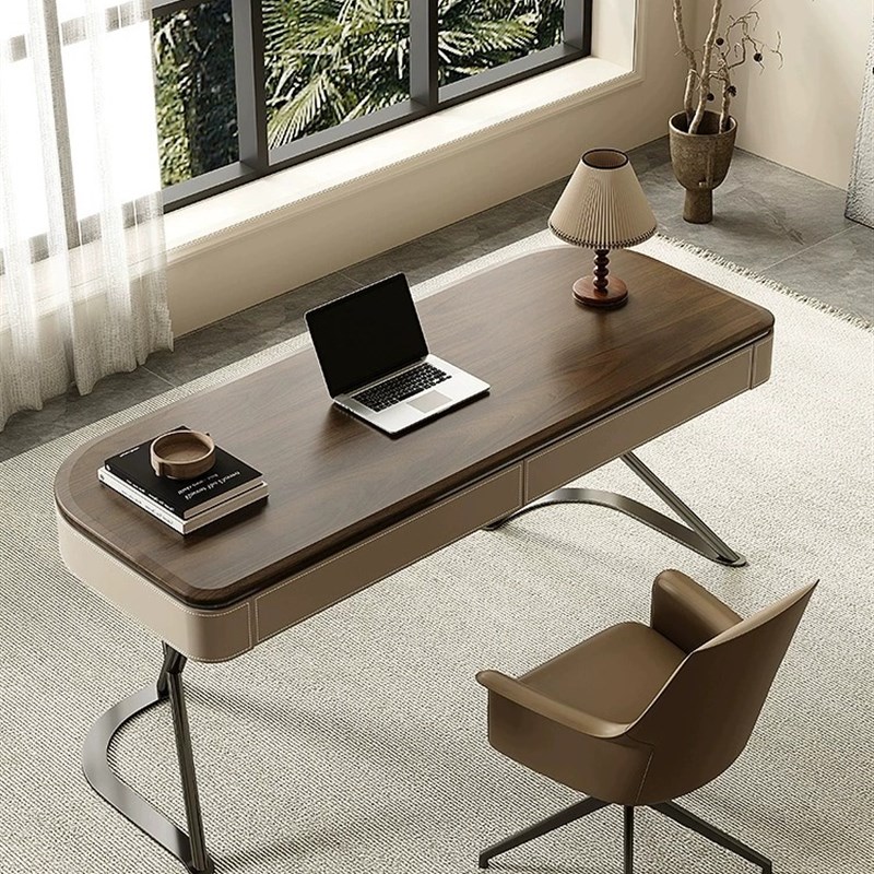 高端实木书桌轻奢现代简约马鞍皮家用书房卧室胡桃木色办公电脑桌