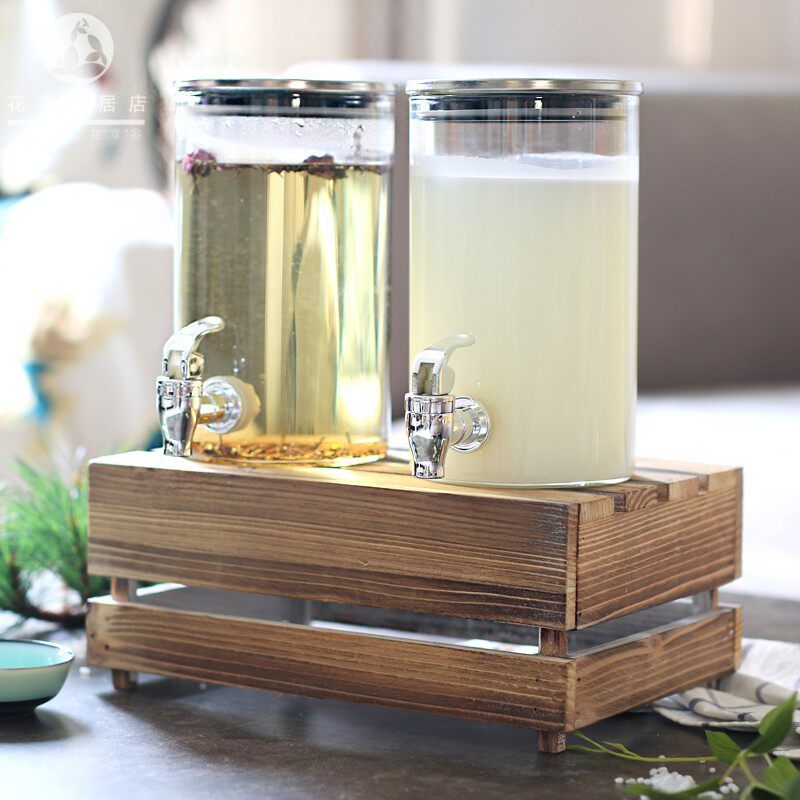 耐热玻璃果汁罐带龙头自助啤酒饮料桶蜂蜜密封瓶甜品台双罐木底托