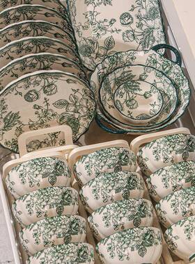 厂家直销彩陶餐具全套高绿色碗盘JTP瓷级筷釉下碗碟套装家用密文