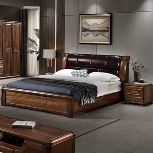 现代中式金丝黑胡桃木床1.8米全实木双人1.5真皮软包储物主卧婚床