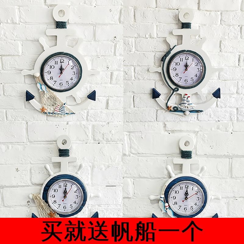 地中海风格大号挂钟木质钟表创意舵手船锚装O饰钟家居饰品墙饰壁