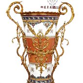 狮落皇庭高端欧式 纯手工陶瓷艺术彩绘花瓶纯铜配饰装 饰花插花桶