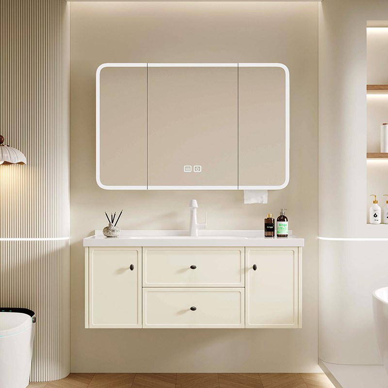 奶油风不锈钢浴室柜m组合卫生间陶瓷一体洗脸洗漱台盆洗手美妆镜