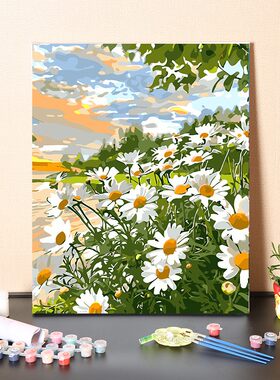 数字油画diy手工填充小手系清新治雏菊花卉愈绘涂色丙烯油彩画画
