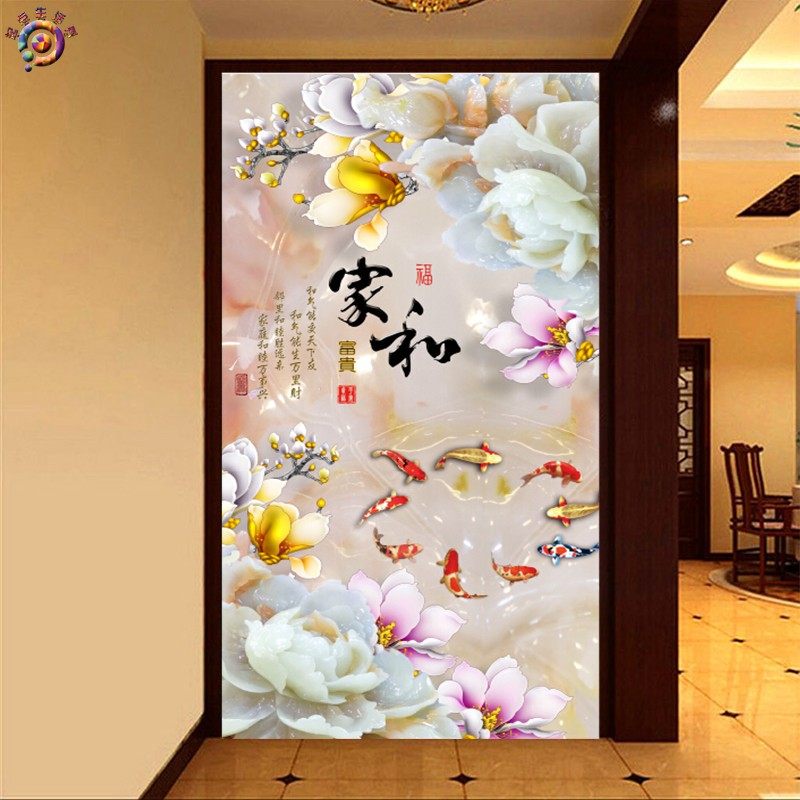 5d中式玄关走廊过道墙纸装饰8d立体现代简约壁纸玉雕家和进门墙布