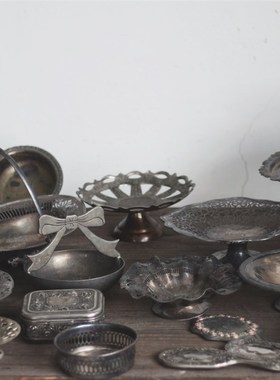 镀银类蛋糕托盘花篮 复古盘艺术装饰 西洋旧物Vintage美食拍摄道