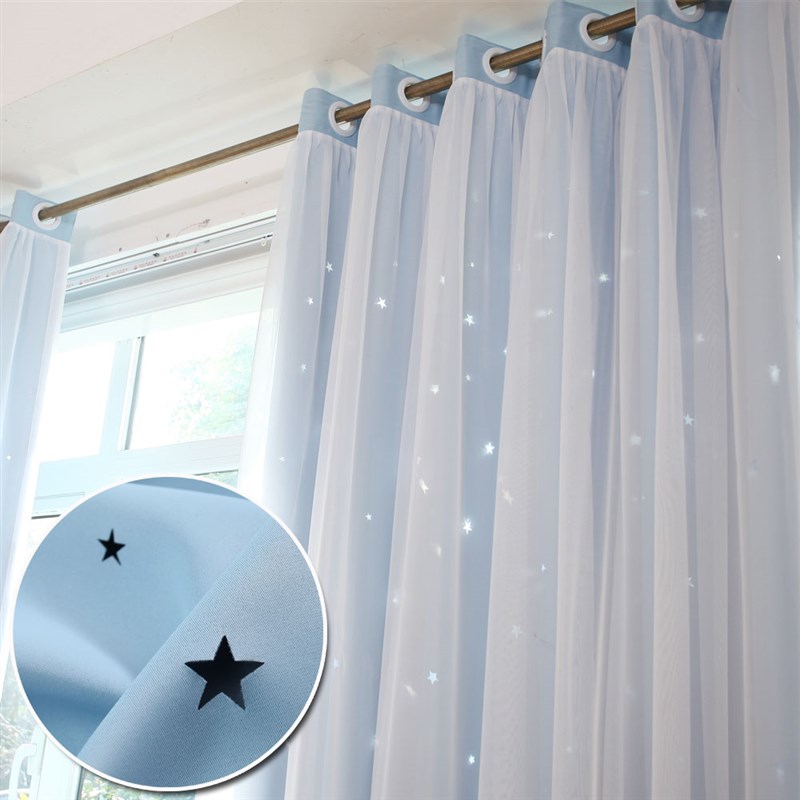 简约遮光韩式镂空星星双层布纱纯色公主粉色女孩卧室窗帘成品热卖