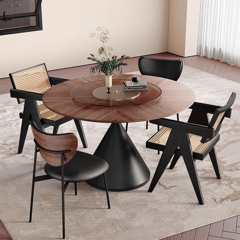 复古风古风胡桃木实木拼花圆形餐桌椅组合餐桌小户型家用极简圆桌