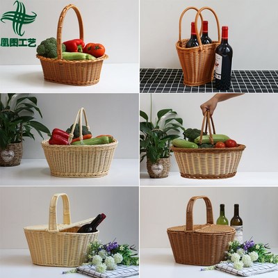 手工编织户外野餐塑料胶藤编手提装饰酒店清洁用品带盖大号购物篮