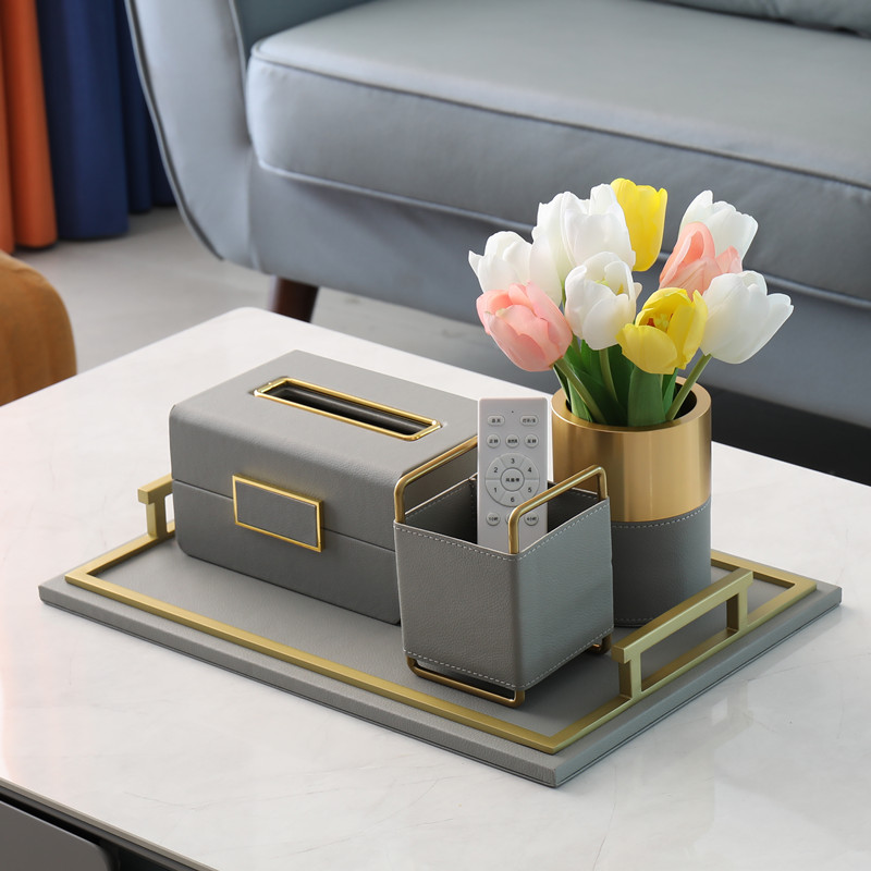 皮质纸巾盒软装搭配客厅高档轻奢抽纸盒家居样板间装饰品摆件套装