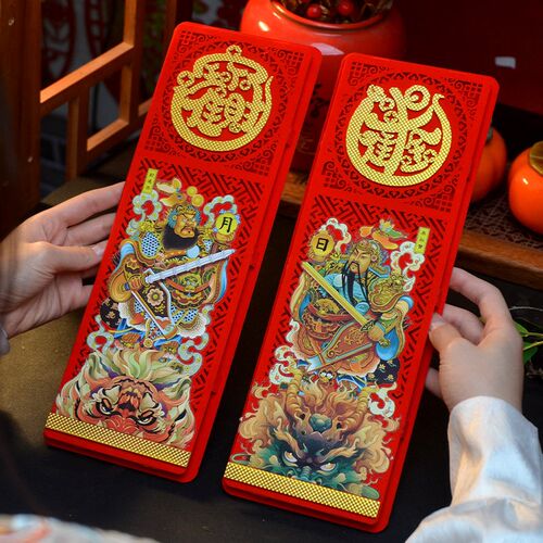 立体门神门贴磁吸款秦叔宝尉迟恭国年画大门装饰植绒毛毡自带背胶
