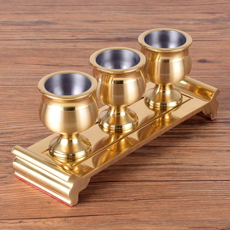 铜供杯纯黄铜拉丝家用供奉财神关公高脚酒杯茶杯土地三杯五杯连座