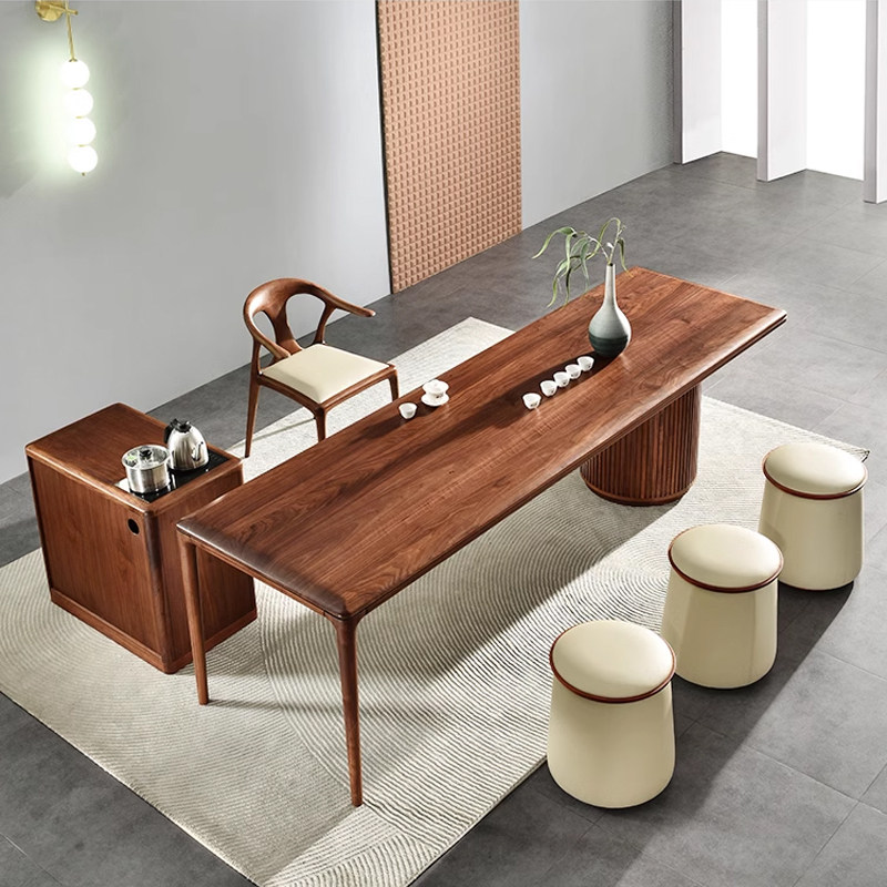 FAS级北美进口黑胡桃木现代简约茶桌椅组新中式实木大板功夫茶台