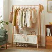 I2木卧室落地衣服架54411子临时睡觉衣帽架家用挂房间床边带脏衣