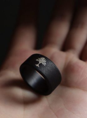 上觉手作 树 潮酷磨砂纹理原创黑檀戒指木质指环男女朋友情侣礼物
