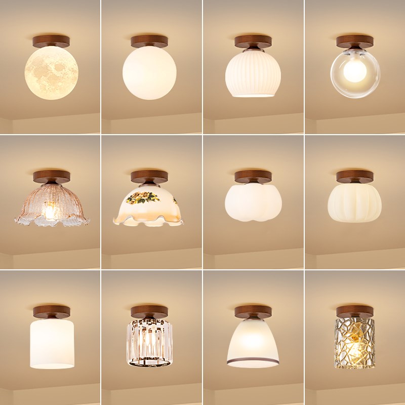 红木色古典复古新款小吸顶灯简约走E廊过道楼梯玄关中古风吸顶灯