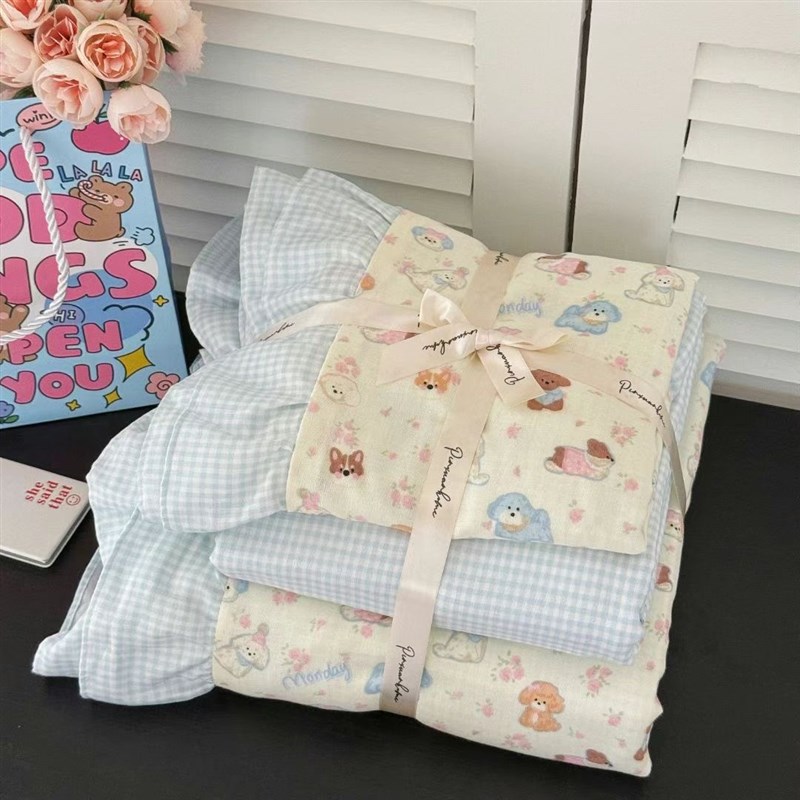 太可爱了a吧~A类全棉双层纱四件套法式格子花边AB版小清新卡通套