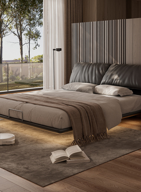 全真皮黑色大象耳朵悬浮床意式极简软包床主卧高端大气头层牛皮床