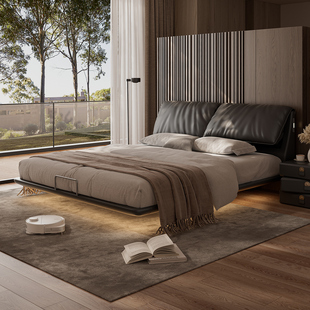 意式 大象耳朵悬浮床全真皮黑色极简软包床主卧高端大气头层牛皮床