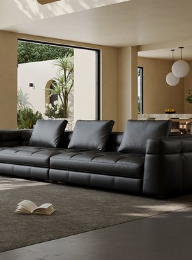 布雷泽全青真皮沙发客厅意式轻奢极简直排三人位黑色沙发设计师款