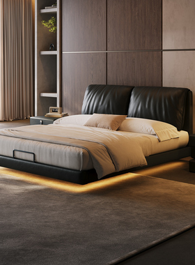 薄床头复古风大象耳朵悬浮床主卧高箱真皮1.8m现代双人悬浮储物床