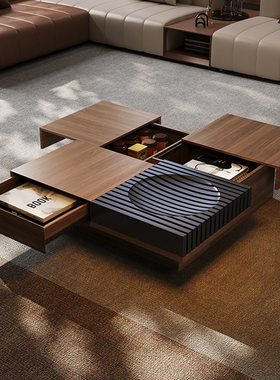 意式轻奢设计师实木茶几家用客厅别墅进口胡桃木皮茶几组合可储物