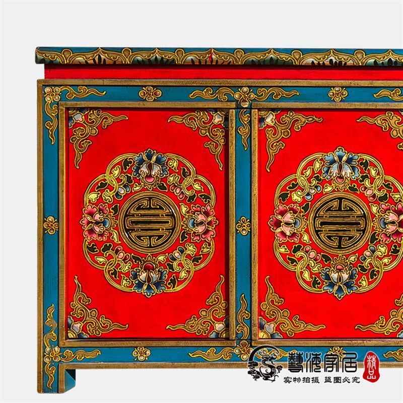 新中式彩绘电视柜 实木西藏式家具仿古做旧地柜客厅柜储物装饰柜