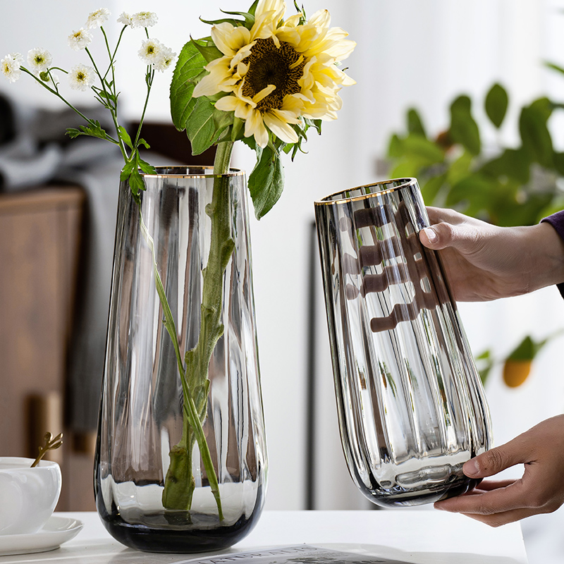 轻奢描金创意玻璃花瓶网红水滴款透明水养鲜花百合客厅插花瓶摆件