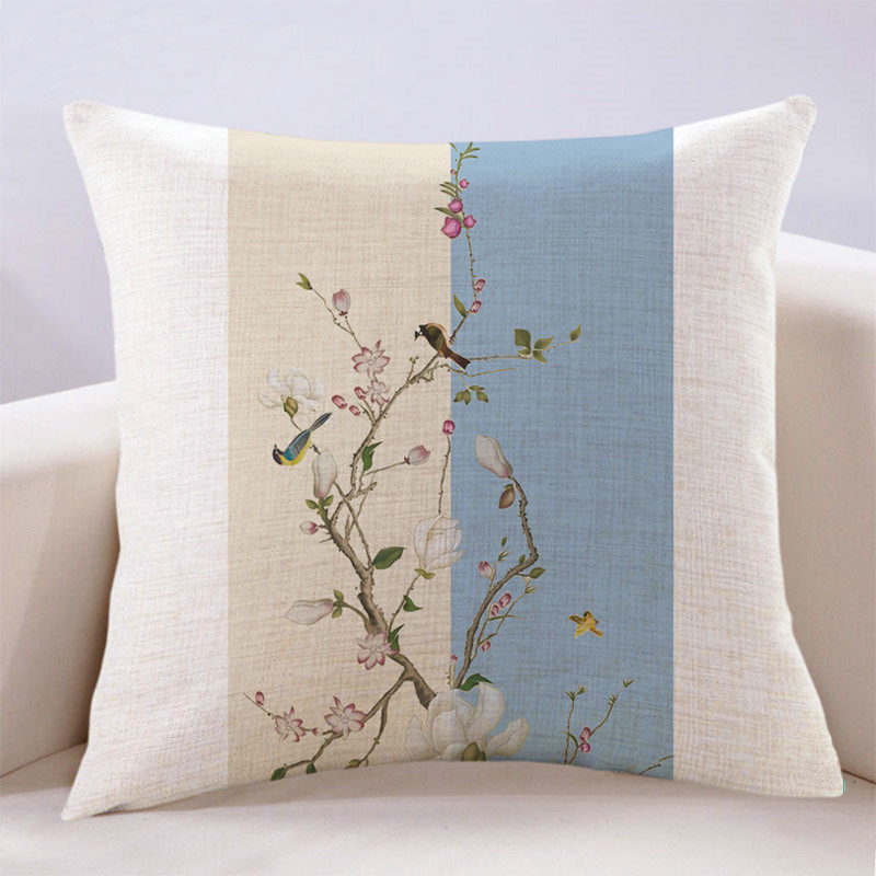 新中式小清新玉兰花抱枕亚麻靠垫沙发客厅床上大靠背茶楼民宿靠枕