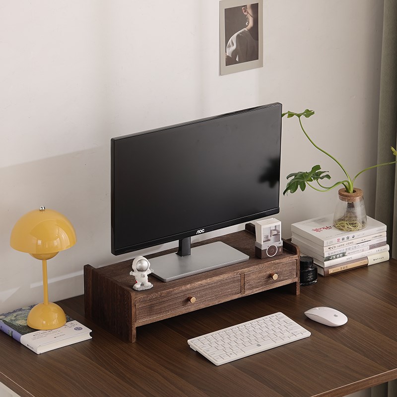 纯实木桌面电脑显示器增高架木质带抽屉收纳置物办公室护颈免组装