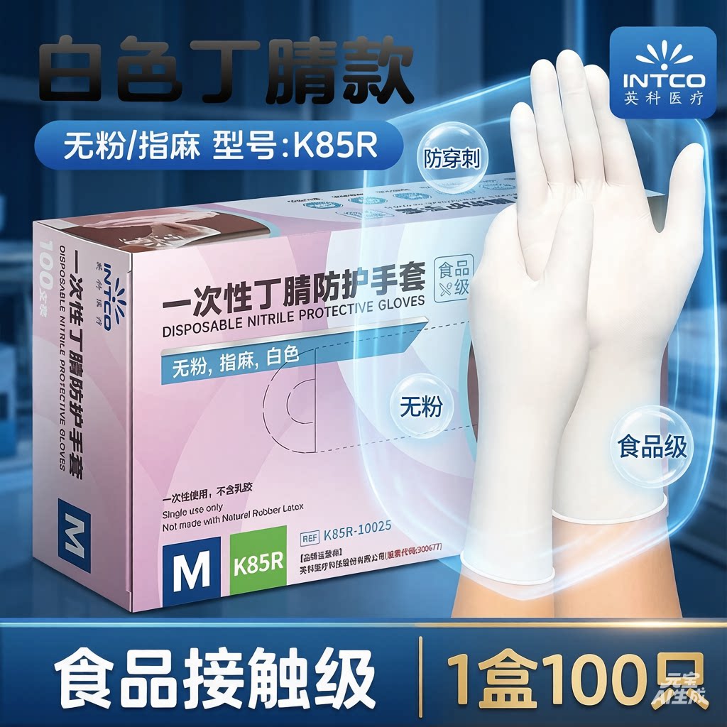 英科一次性白色丁腈手套加厚耐磨高弹家用餐饮食品劳保手套乳胶橡