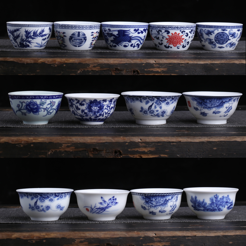 陶瓷功夫泡茶杯茶碗青花瓷6只客杯品茗杯L高白瓷主人杯家用小酒杯