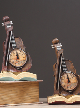 装饰钟摆件创意复古小提琴钟表A客厅咖啡厅办公桌桌面座钟摆设品