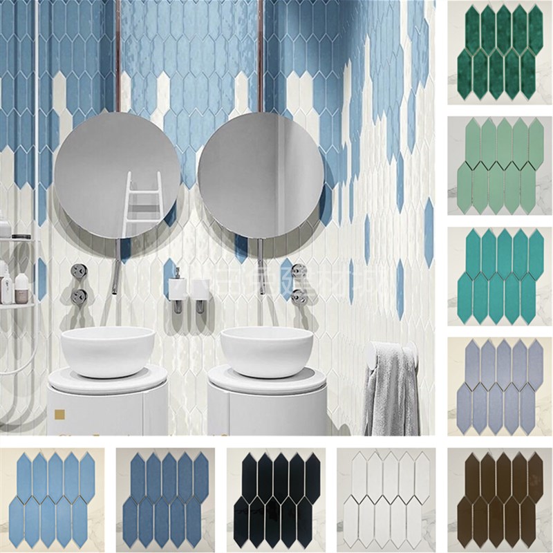 北欧菱形箭形马赛克陶瓷背t景墙砖浴室六角型卫生间复古墨绿色瓷