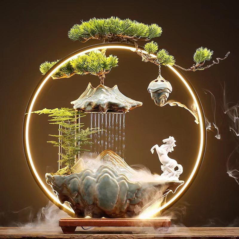 招财流水摆件创意家居玄关客厅桌面办公室循环水喷泉W开.业乔迁礼