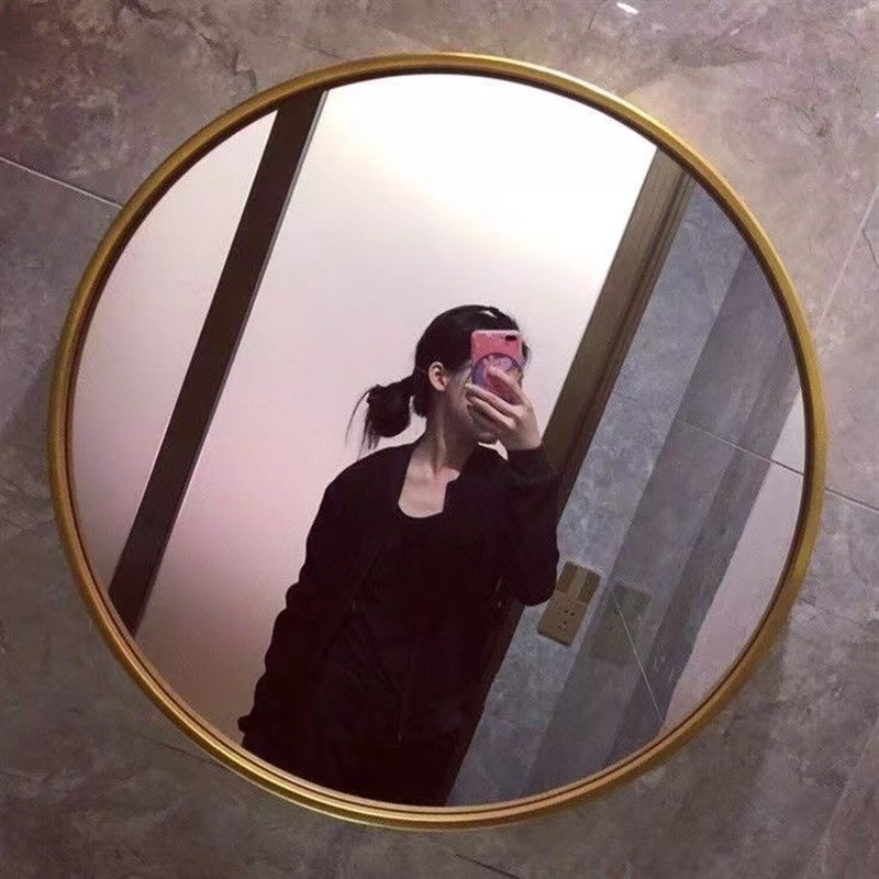 浴室镜铝合金边框圆形镜子挂墙式家用卫生间洗P漱台化妆镜带置物