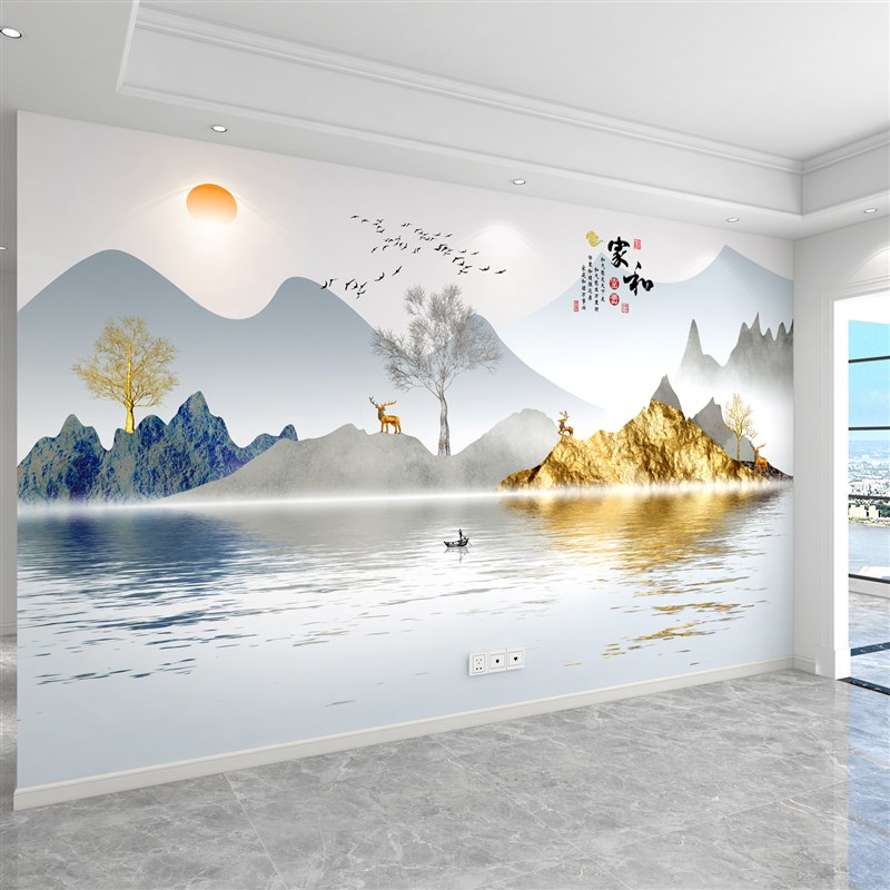 电视背景墙壁纸定制新中式山水壁画3Dd立体无缝壁布8D客厅影视墙
