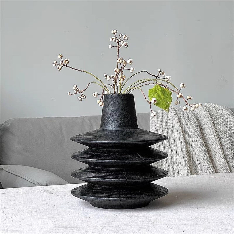 复古侘寂碳化实木艺术花瓶鲜花插B花干花木质木头花器黑色装饰摆