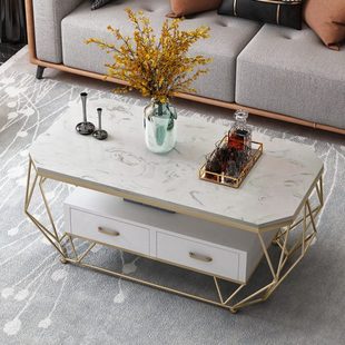 轻奢茶几小户型大理石茶桌客厅长方形茶几现代钢化玻璃带抽屉简约