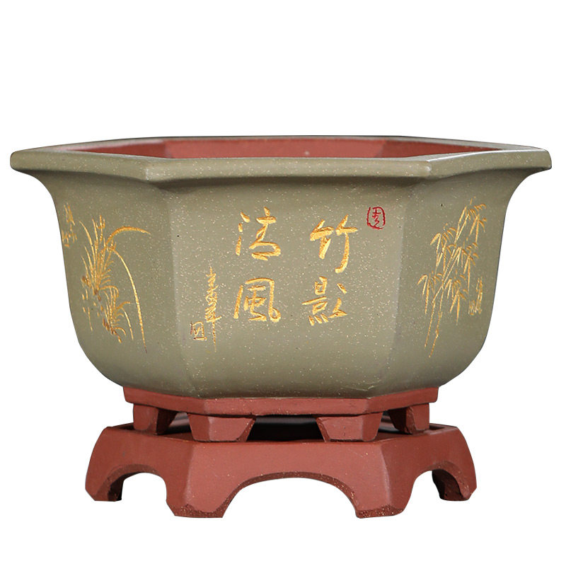 宜兴精品紫砂花盆六方带底座兰花盆手工刻绘君子兰花盆古典中国风