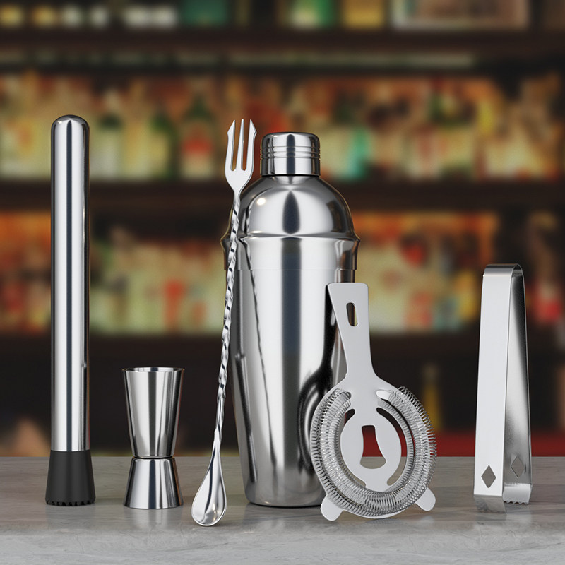 不锈钢摇酒壶雪克杯三段式专用捣汁棒调酒器盎司量杯吧勺三件套装