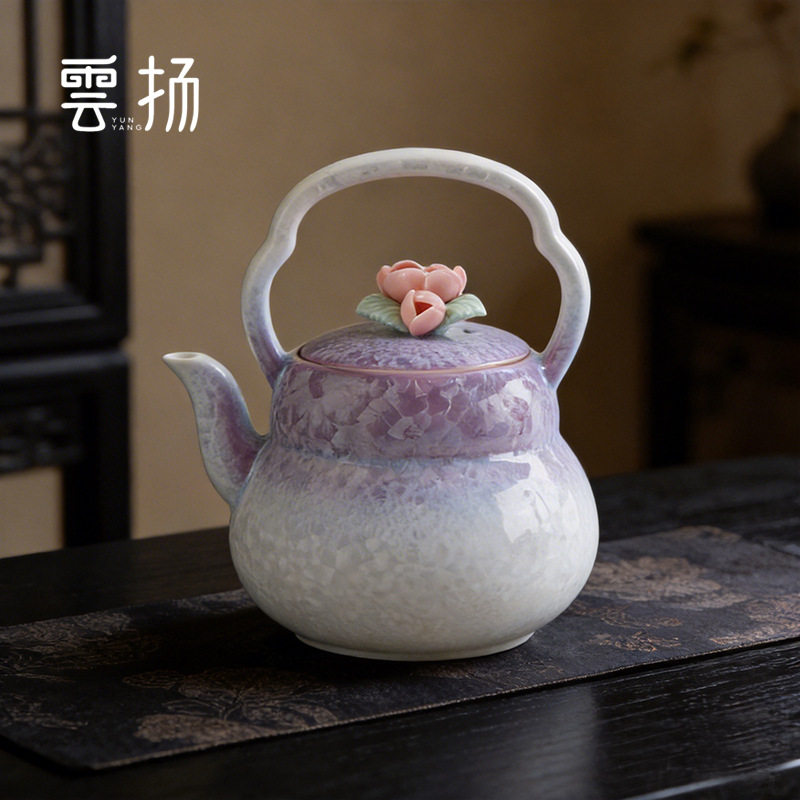 窑变结晶釉手捏花提梁壶陶瓷